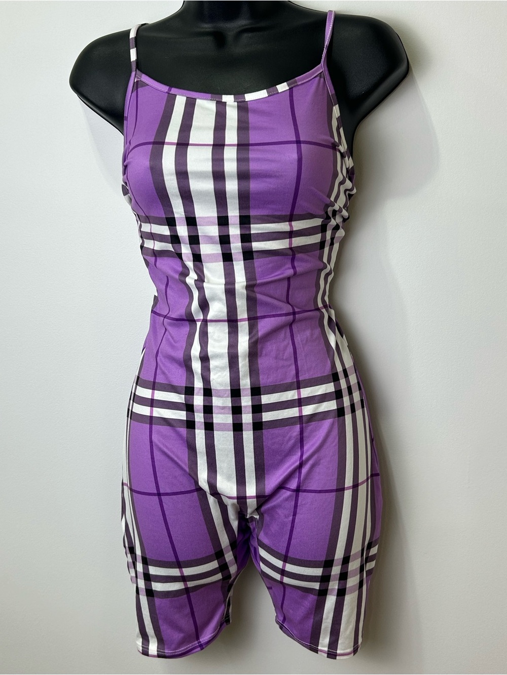 NWOT Purple Plaid Spaghetti-Strap Romper Jumpsuit